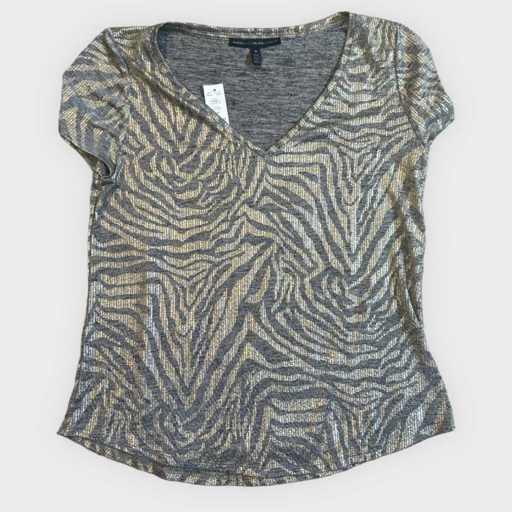 White House Black Market Shiny Zebra Print Short Sleeve Blouse